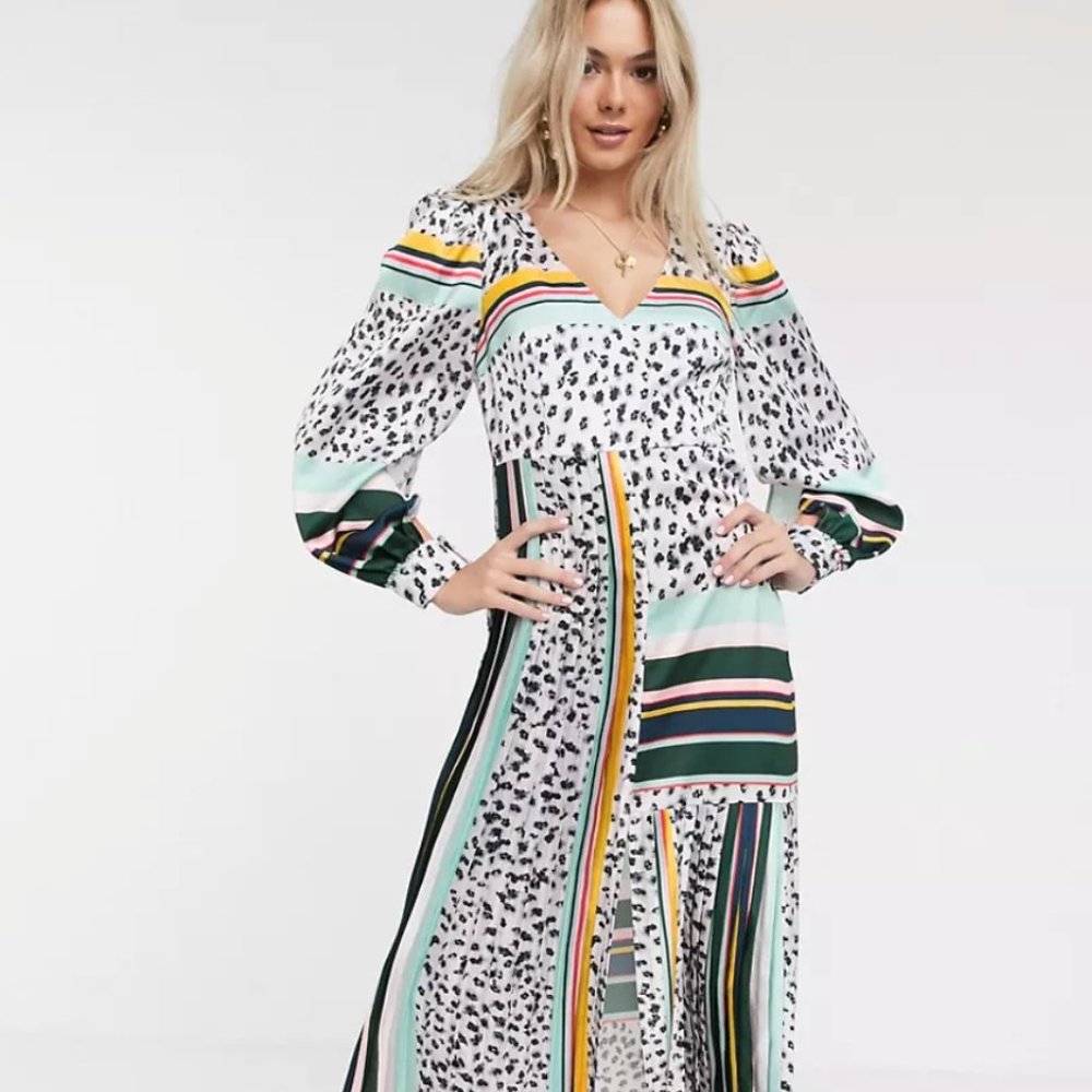 NWT Liquorish Animal Print & Stripe Pleat Detail Multi Print Midi Dress US 4